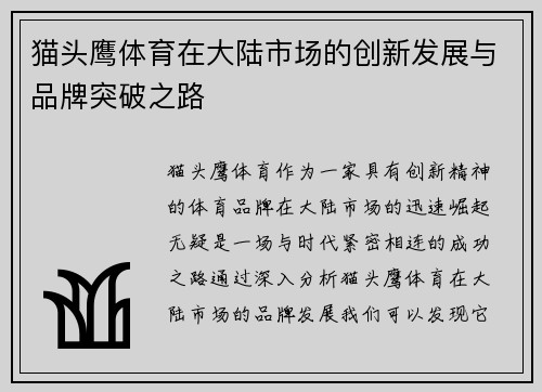 猫头鹰体育在大陆市场的创新发展与品牌突破之路